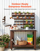 VEVOR dārza darba galds stādu pārstādīšanai ar 115 × 66 cm nerūsējošā tērauda virsmu, uzglabāšanas plauktiem, 4 riteņiem un āķiem, āra dārzkopības darba stacija terasei un pagalmam, brūns