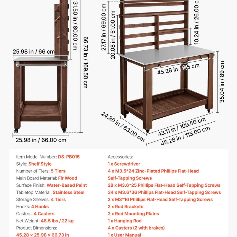VEVOR dārza darba galds stādu pārstādīšanai ar 115 × 66 cm nerūsējošā tērauda virsmu, uzglabāšanas plauktiem, 4 riteņiem un āķiem, āra dārzkopības darba stacija terasei un pagalmam, brūns
