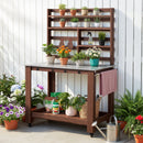 VEVOR dārza darba galds stādu pārstādīšanai ar 115 × 66 cm nerūsējošā tērauda virsmu, uzglabāšanas plauktiem, 4 riteņiem un āķiem, āra dārzkopības darba stacija terasei un pagalmam, brūns