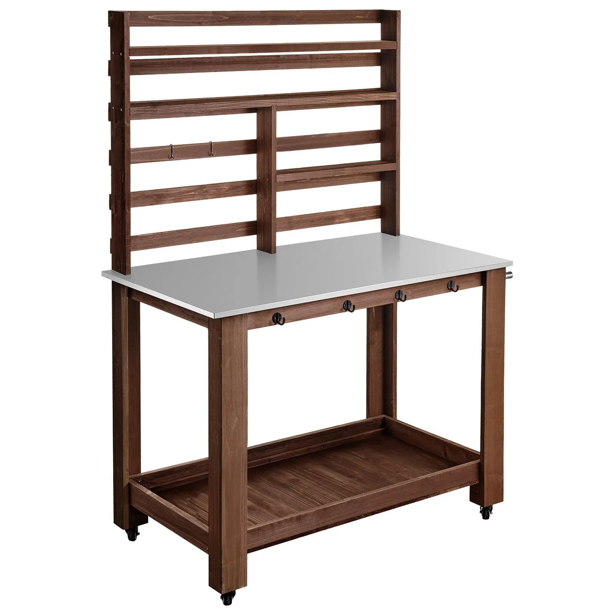 VEVOR dārza darba galds stādu pārstādīšanai ar 115 × 66 cm nerūsējošā tērauda virsmu, uzglabāšanas plauktiem, 4 riteņiem un āķiem, āra dārzkopības darba stacija terasei un pagalmam, brūns - ZEMLETES.LV
