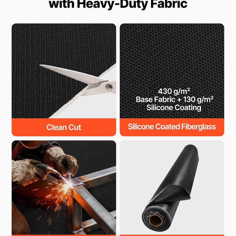 VEVOR metināšanas segas rullis 45,7 × 1,5 m, ar silikonu pārklāta stiklašķiedras metināšanas sega, karstumizturība līdz 982 °C, liesmu slāpējošs un ugunsdrošs izolācijas paklāja rullis