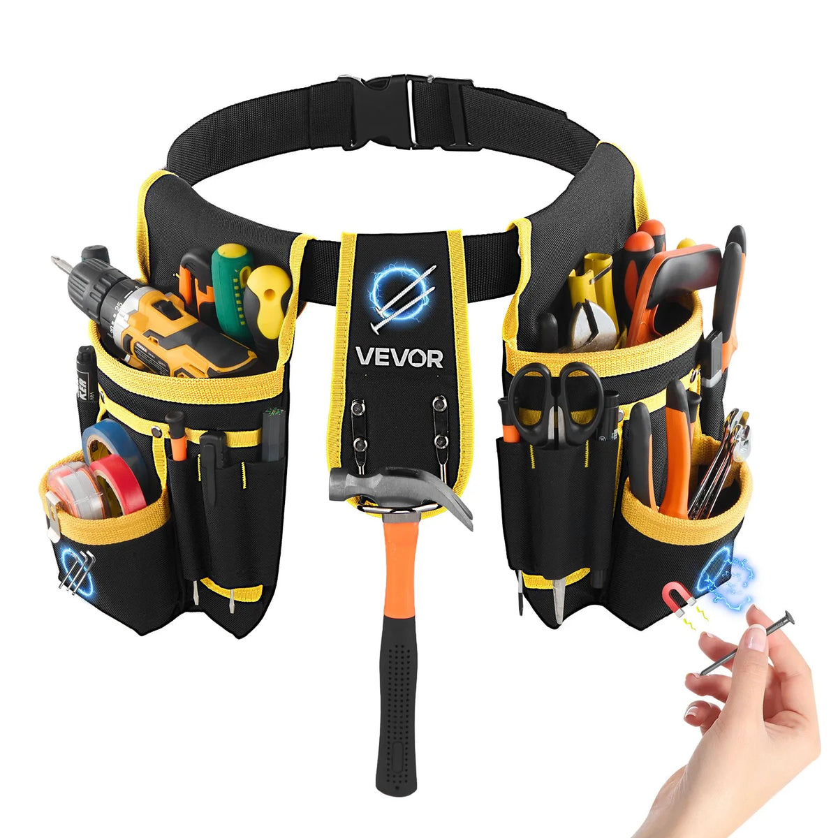 VEVOR Tool Belt with Magnetic Tool Bag, 28 Pockets, Reinforced Adjustable Work Belt with Detachable Bag for Electricians, Carpenters and Construction, Waist Adjustment 78.7–121.9 cm