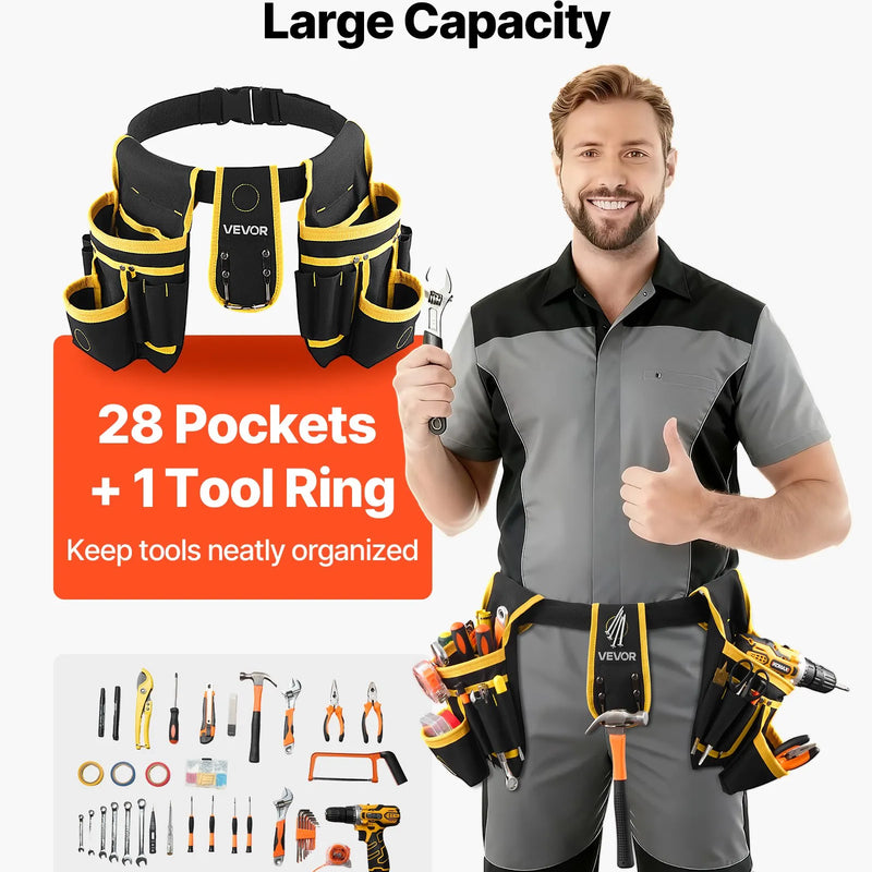 VEVOR instrumentu josta ar magnētisku instrumentu somu, 28 kabatas, pastiprināta regulējama darba josta ar noņemamu somu elektriķiem, galdniekiem un būvniecībai, vidukļa regulācija 78,7–121,9 cm