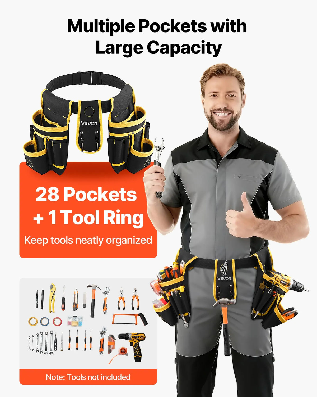 VEVOR Tool Belt with Magnetic Tool Bag, 28 Pockets, Reinforced Adjustable Work Belt with Detachable Bag for Electricians, Carpenters and Construction, Waist Adjustment 78.7–121.9 cm