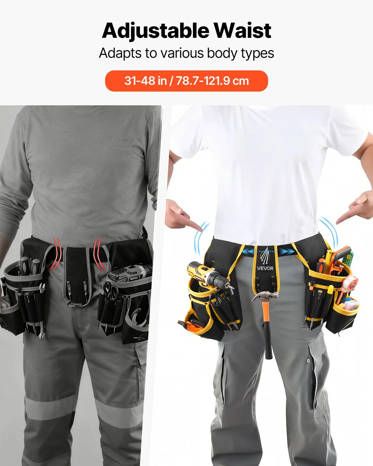 VEVOR Tool Belt with Magnetic Tool Bag, 28 Pockets, Reinforced Adjustable Work Belt with Detachable Bag for Electricians, Carpenters and Construction, Waist Adjustment 78.7–121.9 cm