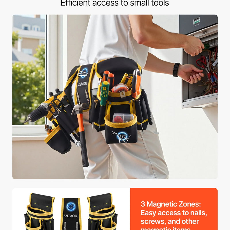 VEVOR instrumentu josta ar magnētisku instrumentu somu, 28 kabatas, pastiprināta regulējama darba josta ar noņemamu somu elektriķiem, galdniekiem un būvniecībai, vidukļa regulācija 78,7–121,9 cm