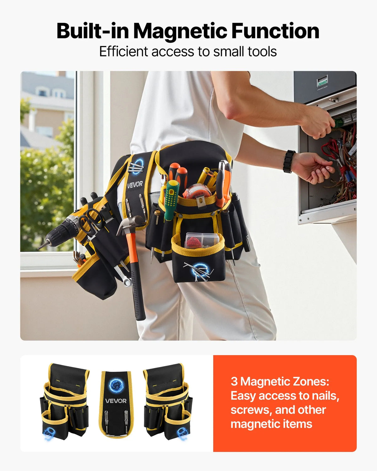 VEVOR Tool Belt with Magnetic Tool Bag, 28 Pockets, Reinforced Adjustable Work Belt with Detachable Bag for Electricians, Carpenters and Construction, Waist Adjustment 78.7–121.9 cm