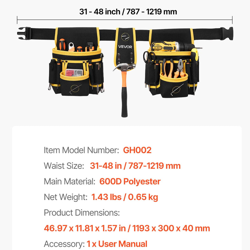 VEVOR instrumentu josta ar magnētisku instrumentu somu, 28 kabatas, pastiprināta regulējama darba josta ar noņemamu somu elektriķiem, galdniekiem un būvniecībai, vidukļa regulācija 78,7–121,9 cm