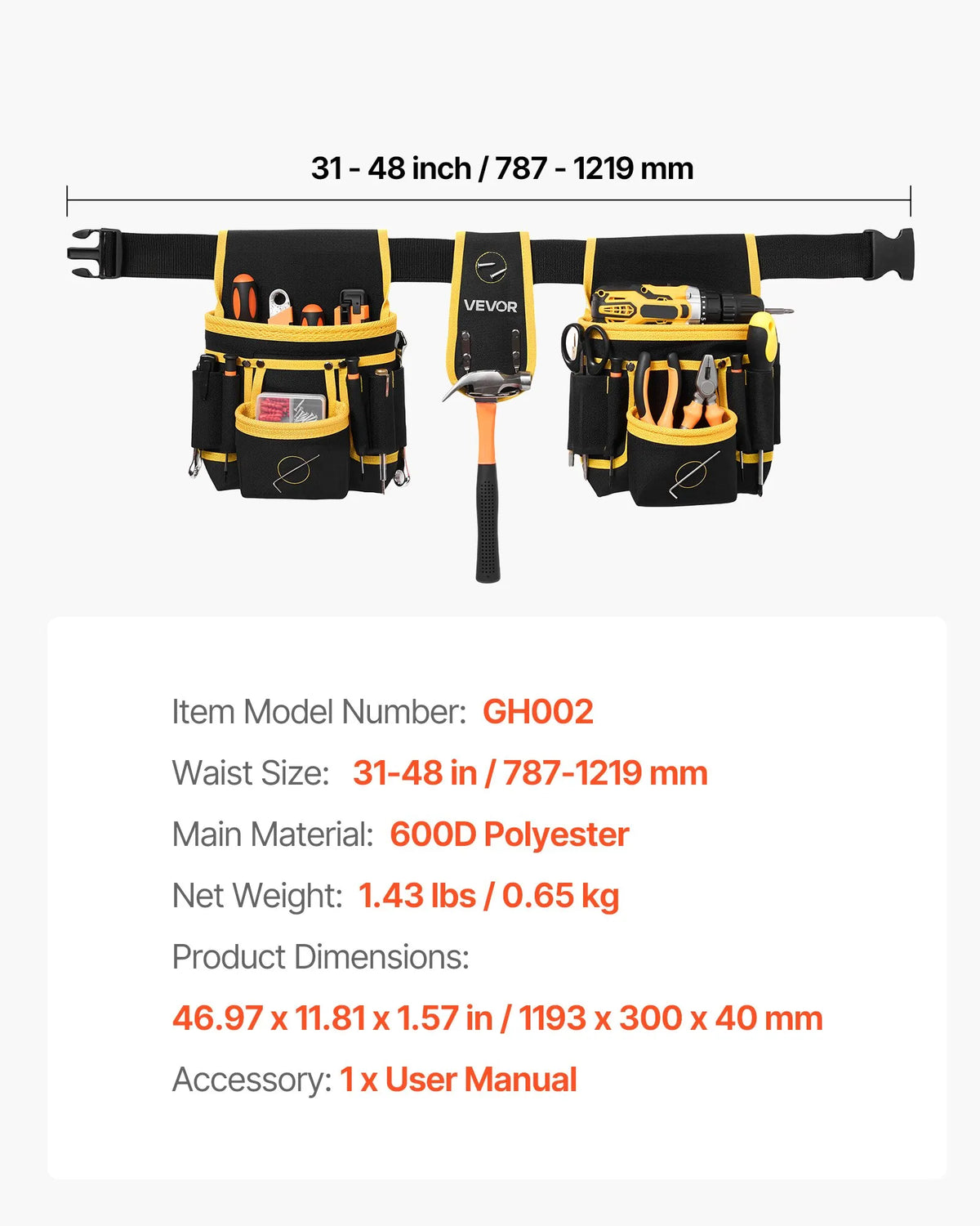 VEVOR Tool Belt with Magnetic Tool Bag, 28 Pockets, Reinforced Adjustable Work Belt with Detachable Bag for Electricians, Carpenters and Construction, Waist Adjustment 78.7–121.9 cm