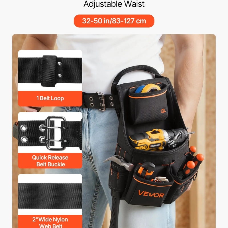 VEVOR instrumentu soma ar jostu, 14 kabatas, profesionāla instrumentu jostas soma vīriešiem, izturīga noņemama un regulējama darba soma elektriķiem, galdniekiem un būvniecībai, regulējams viduklis 83–127 cm