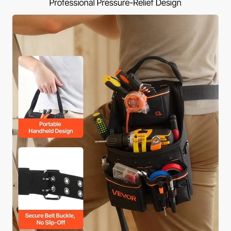 VEVOR instrumentu soma ar jostu, 14 kabatas, profesionāla instrumentu jostas soma vīriešiem, izturīga noņemama un regulējama darba soma elektriķiem, galdniekiem un būvniecībai, regulējams viduklis 83–127 cm