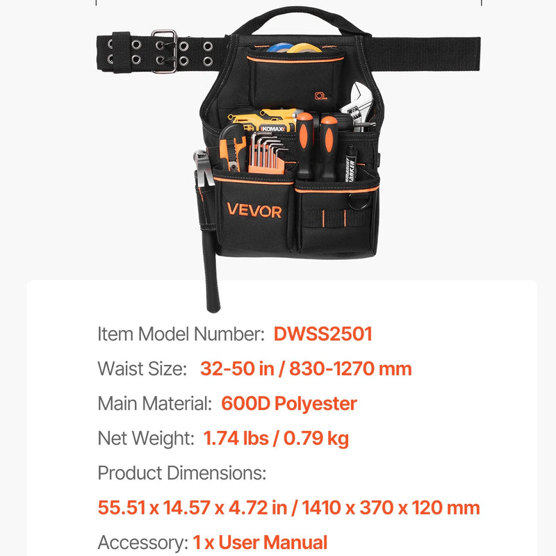 VEVOR instrumentu soma ar jostu, 14 kabatas, profesionāla instrumentu jostas soma vīriešiem, izturīga noņemama un regulējama darba soma elektriķiem, galdniekiem un būvniecībai, regulējams viduklis 83–127 cm