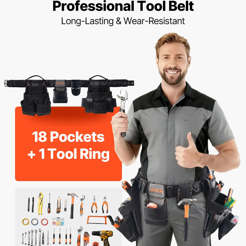 VEVOR instrumentu josta ar 18 kabatām, profesionāla instrumentu soma vīriešiem, izturīga regulējama darba josta ar noņemamu somu elektriķiem, galdniekiem un būvniecībai, darba priekšauta organizators, regulējama 80–131 cm