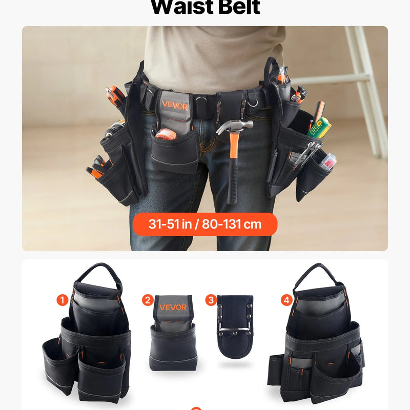 VEVOR instrumentu josta ar 18 kabatām, profesionāla instrumentu soma vīriešiem, izturīga regulējama darba josta ar noņemamu somu elektriķiem, galdniekiem un būvniecībai, darba priekšauta organizators, regulējama 80–131 cm