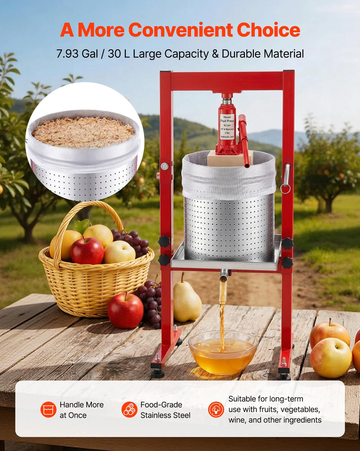 VEVOR Hydraulic Fruit and Wine Press 30 L, Stainless Steel, with 2 Filter Bags