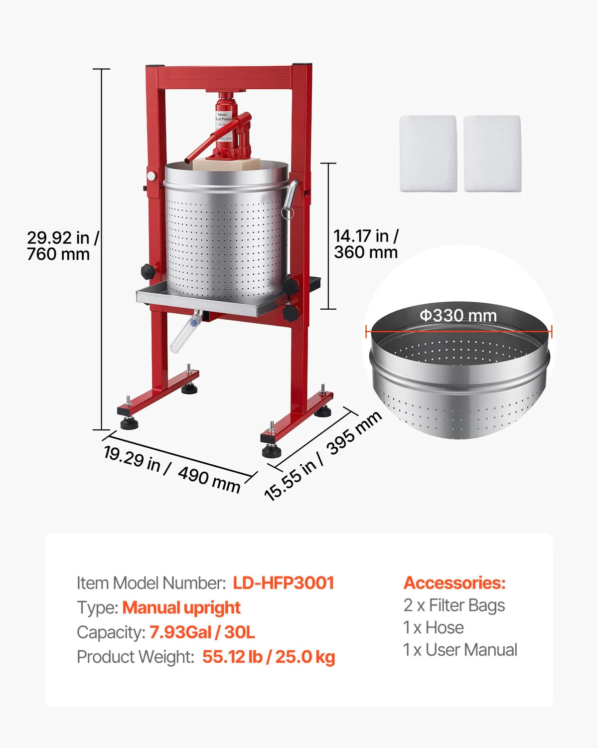 VEVOR Hydraulic Fruit and Wine Press 30 L, Stainless Steel, with 2 Filter Bags