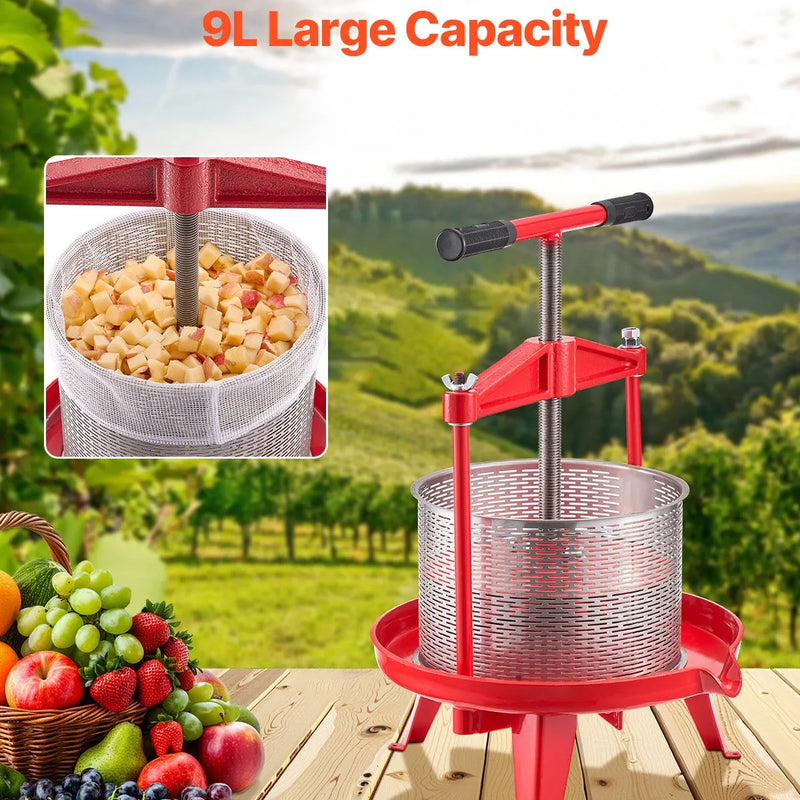 Manuāla augļu vīna spiede 9 litri, nerūsējošā tērauda korpuss, vertikāla, profesionālai vīna gatavošanai