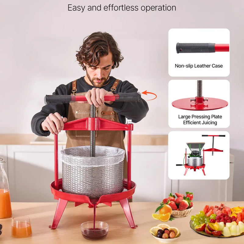 Manuāla augļu vīna spiede 9 litri, nerūsējošā tērauda korpuss, vertikāla, profesionālai vīna gatavošanai