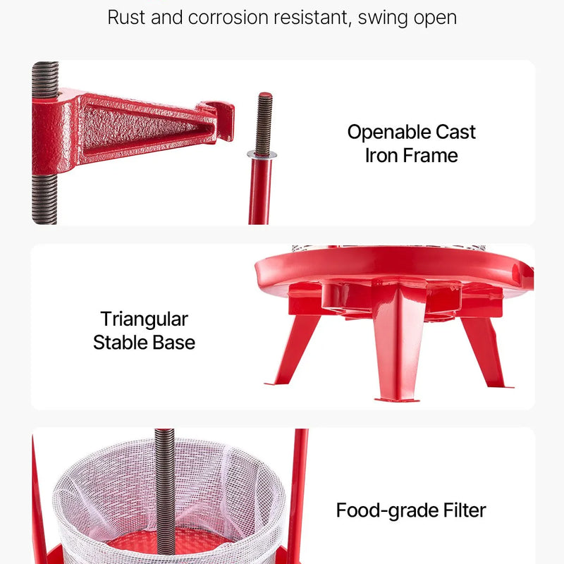 Manuāla augļu vīna spiede 9 litri, nerūsējošā tērauda korpuss, vertikāla, profesionālai vīna gatavošanai