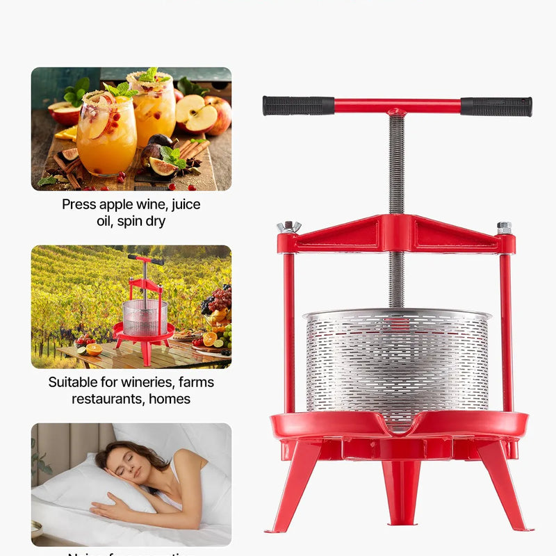 Manuāla augļu vīna spiede 9 litri, nerūsējošā tērauda korpuss, vertikāla, profesionālai vīna gatavošanai