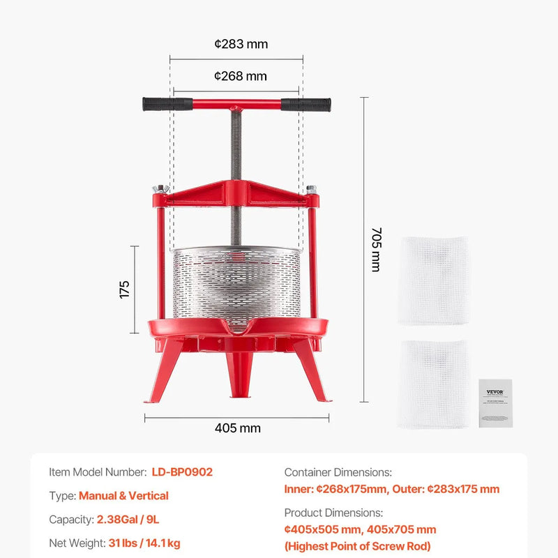 Manuāla augļu vīna spiede 9 litri, nerūsējošā tērauda korpuss, vertikāla, profesionālai vīna gatavošanai