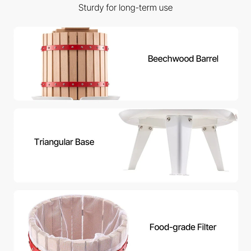 Manuāla augļu vīna spiede 12 litri, koka grozs, vīna ražošanai