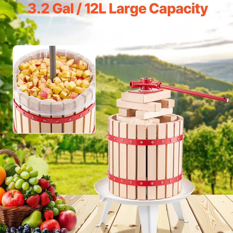 Manuāla augļu vīna spiede 12 litri, koka grozs, vīna ražošanai