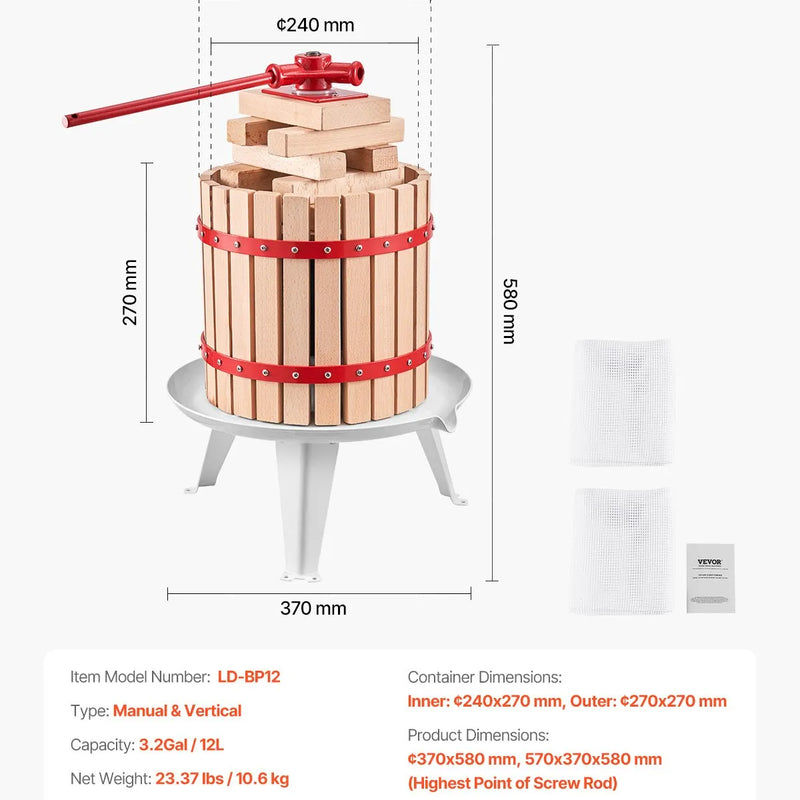Manuāla augļu vīna spiede 12 litri, koka grozs, vīna ražošanai
