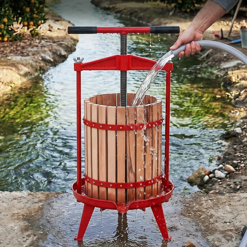 VEVOR augļu un vīna prese 18 l, tradicionāla manuālā sulu spiede ar dižskābarža koka grozu, T veida rokturi un 2 filtra maisiem, piemērota sidra, ābolu un vīnogu sulas gatavošanai