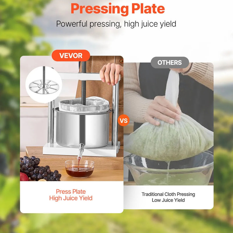 Manuāla augļu vīna spiede 5 litri, nerūsējošā tērauda korpuss, vertikāla, profesionālai vīna gatavošanai