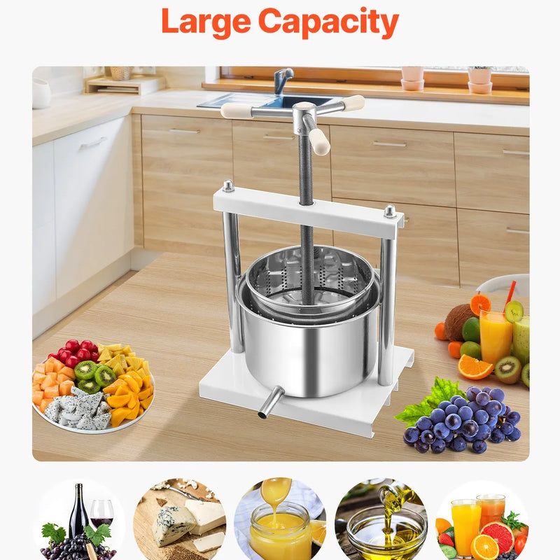 Manuāla augļu vīna spiede 5 litri, nerūsējošā tērauda korpuss, vertikāla, profesionālai vīna gatavošanai