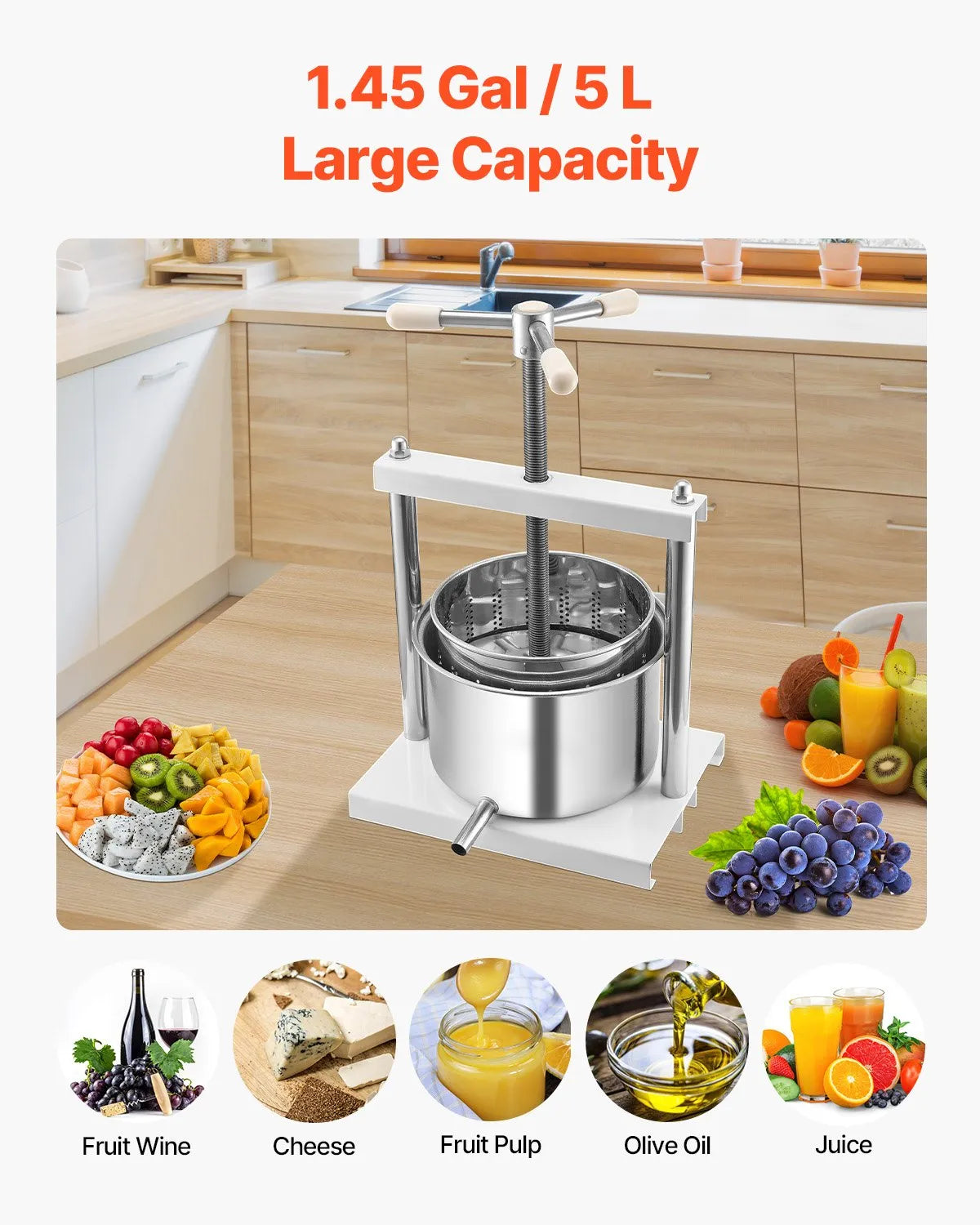 VEVOR Manual Fruit and Wine Press 5 L, Stainless Steel Basket