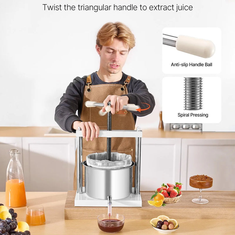 Manuāla augļu vīna spiede 5 litri, nerūsējošā tērauda korpuss, vertikāla, profesionālai vīna gatavošanai