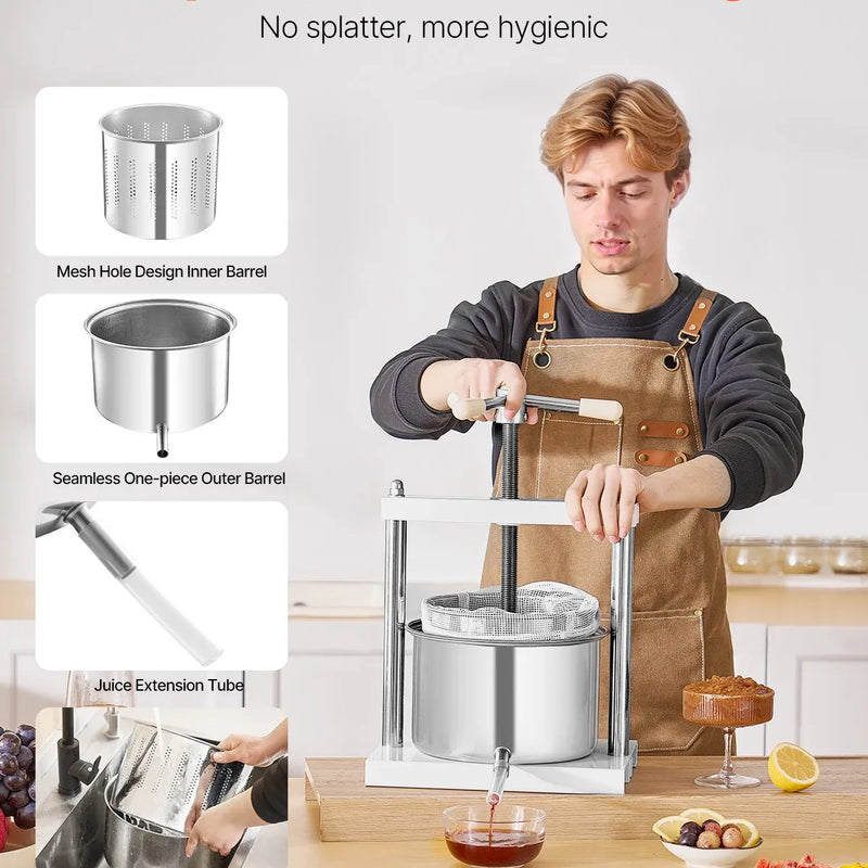 Manuāla augļu vīna spiede 5 litri, nerūsējošā tērauda korpuss, vertikāla, profesionālai vīna gatavošanai