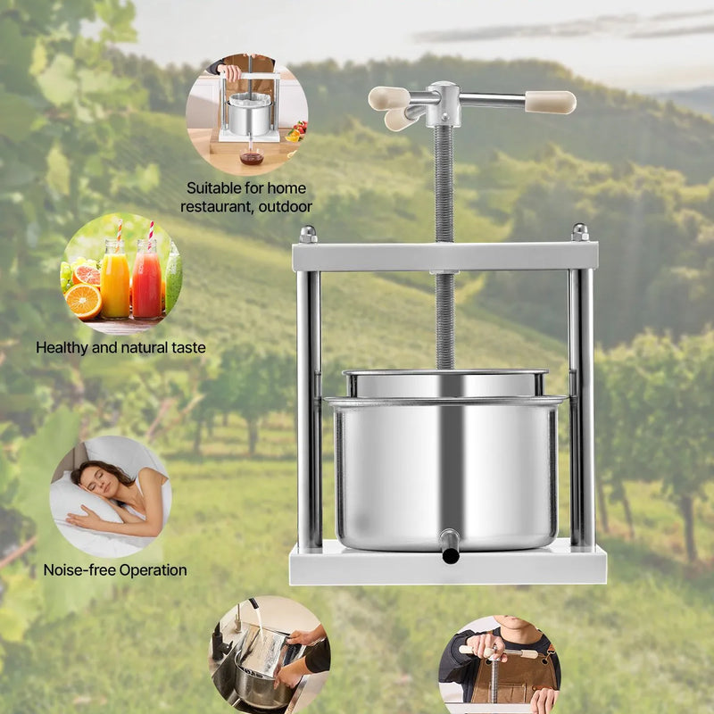 Manuāla augļu vīna spiede 5 litri, nerūsējošā tērauda korpuss, vertikāla, profesionālai vīna gatavošanai