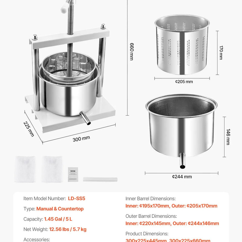 Manuāla augļu vīna spiede 5 litri, nerūsējošā tērauda korpuss, vertikāla, profesionālai vīna gatavošanai