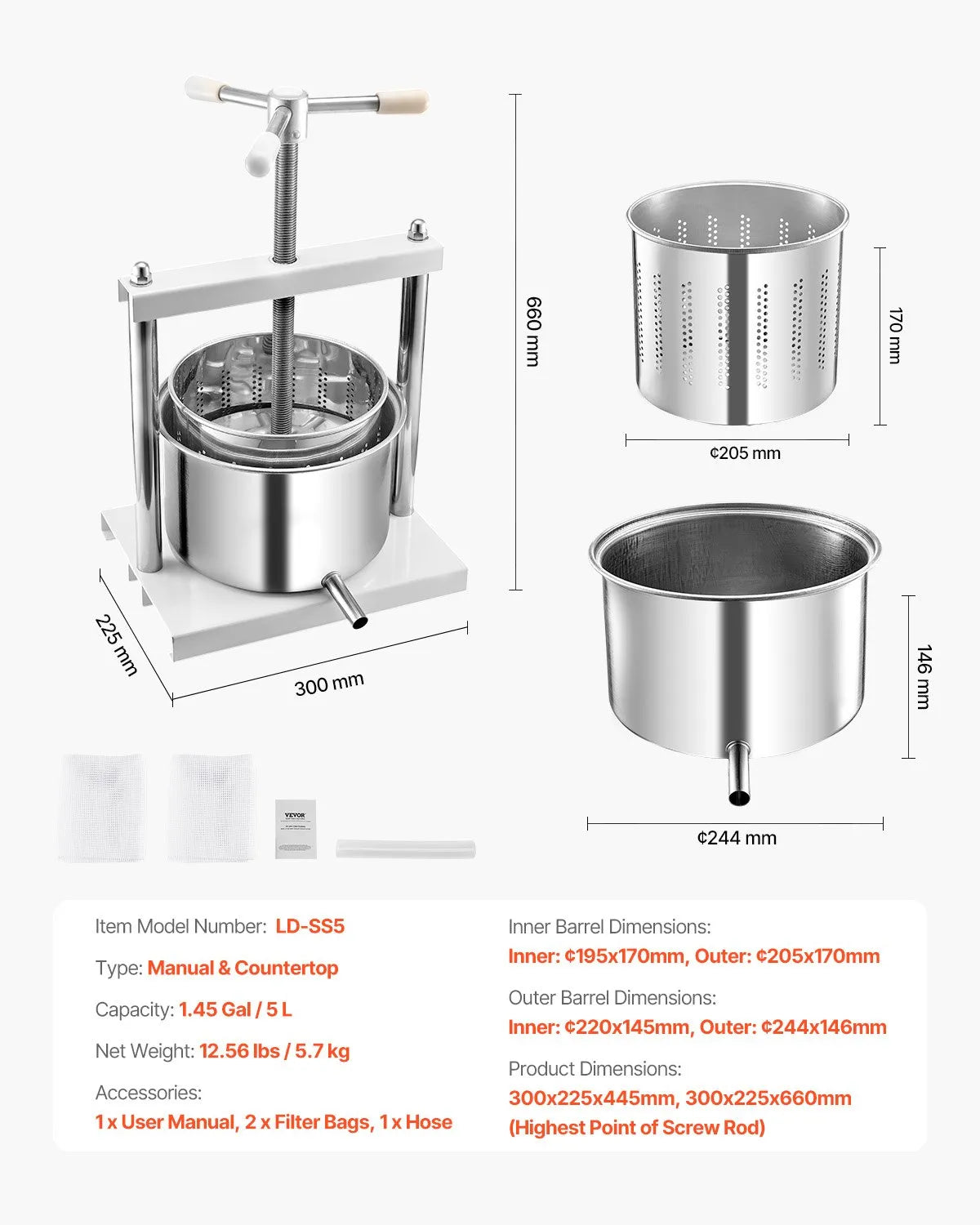 VEVOR Manual Fruit and Wine Press 5 L, Stainless Steel Basket