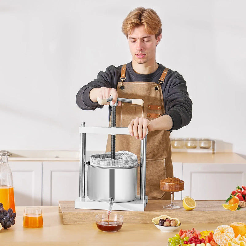 Manuāla augļu vīna spiede 5 litri, nerūsējošā tērauda korpuss, vertikāla, profesionālai vīna gatavošanai