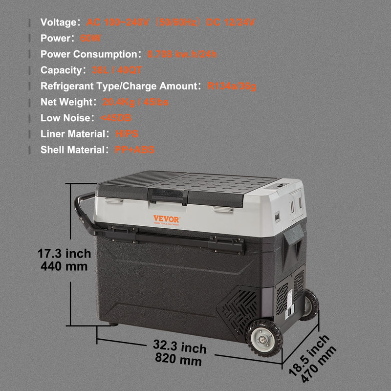 VEVOR automašīnas ledusskapis/saldētava 38L, ideāls risinājums automašīnām, kravas automašīnām, treileriem, laivām, kā arī lietošanai mājās vai āra aktivitātēs, piemēram, ceļojumos, makšķerēšanā un kempingā.