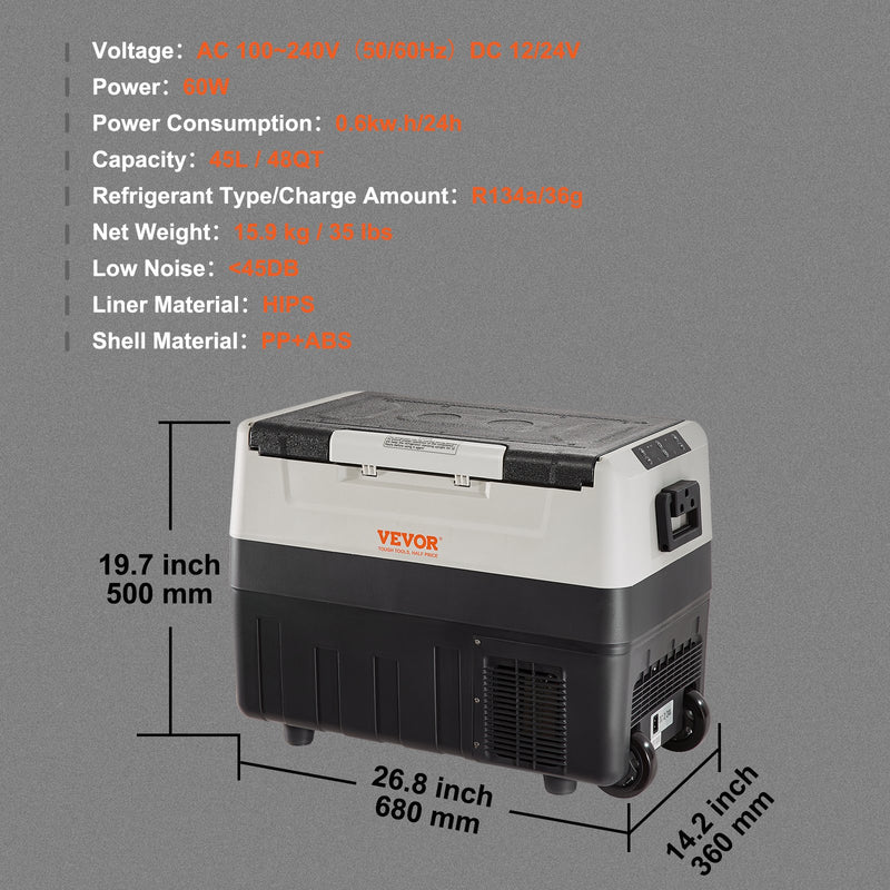 VEVOR automašīnas ledusskapis/saldētava 45L, ideāls risinājums automašīnām, kravas automašīnām, treileriem, laivām, kā arī lietošanai mājās vai āra aktivitātēs, piemēram, ceļojumos, makšķerēšanā un kempingā.