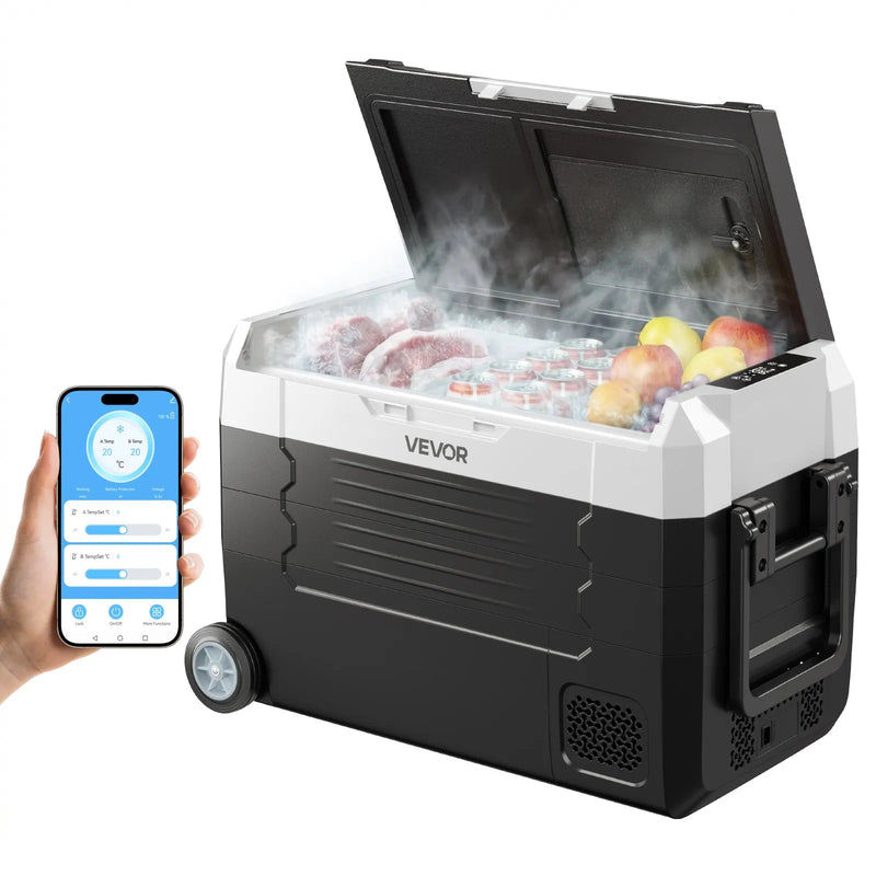 VEVOR auto ledusskapis ar kompresoru 35 l, - 20 °C līdz 20 °C, DC 12/24 V un AC 100–240 V, ar lietotnes vadību, riteņiem un divām dzesēšanas zonām, piemērots RV, laivām, kempingam un makšķerēšanai - ZEMLETES.LV