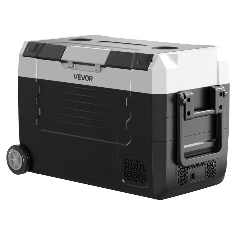 VEVOR auto ledusskapis ar kompresoru 35 l, - 20 °C līdz 20 °C, DC 12/24 V un AC 100–240 V, ar lietotnes vadību, riteņiem un divām dzesēšanas zonām, piemērots RV, laivām, kempingam un makšķerēšanai - ZEMLETES.LV