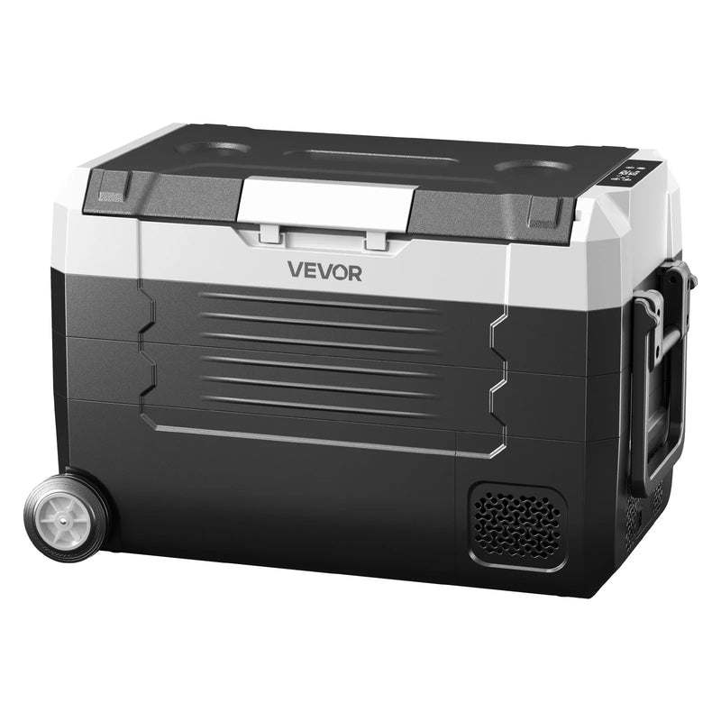 VEVOR auto ledusskapis ar kompresoru 35 l, - 20 °C līdz 20 °C, DC 12/24 V un AC 100–240 V, ar lietotnes vadību, riteņiem un divām dzesēšanas zonām, piemērots RV, laivām, kempingam un makšķerēšanai - ZEMLETES.LV