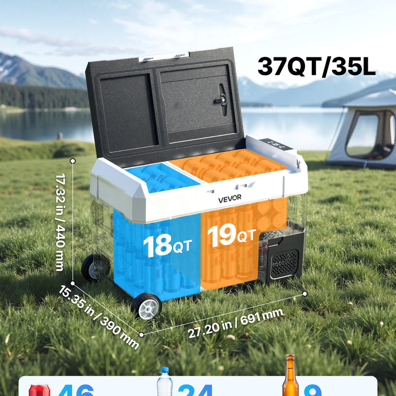 VEVOR auto ledusskapis ar kompresoru 35 l, - 20 °C līdz 20 °C, DC 12/24 V un AC 100–240 V, ar lietotnes vadību, riteņiem un divām dzesēšanas zonām, piemērots RV, laivām, kempingam un makšķerēšanai - ZEMLETES.LV