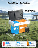 VEVOR auto ledusskapis ar kompresoru 35 l, - 20 °C līdz 20 °C, DC 12/24 V un AC 100–240 V, ar lietotnes vadību, riteņiem un divām dzesēšanas zonām, piemērots RV, laivām, kempingam un makšķerēšanai - ZEMLETES.LV