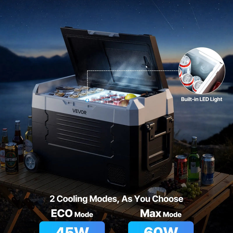 VEVOR auto ledusskapis ar kompresoru 35 l, - 20 °C līdz 20 °C, DC 12/24 V un AC 100–240 V, ar lietotnes vadību, riteņiem un divām dzesēšanas zonām, piemērots RV, laivām, kempingam un makšķerēšanai - ZEMLETES.LV