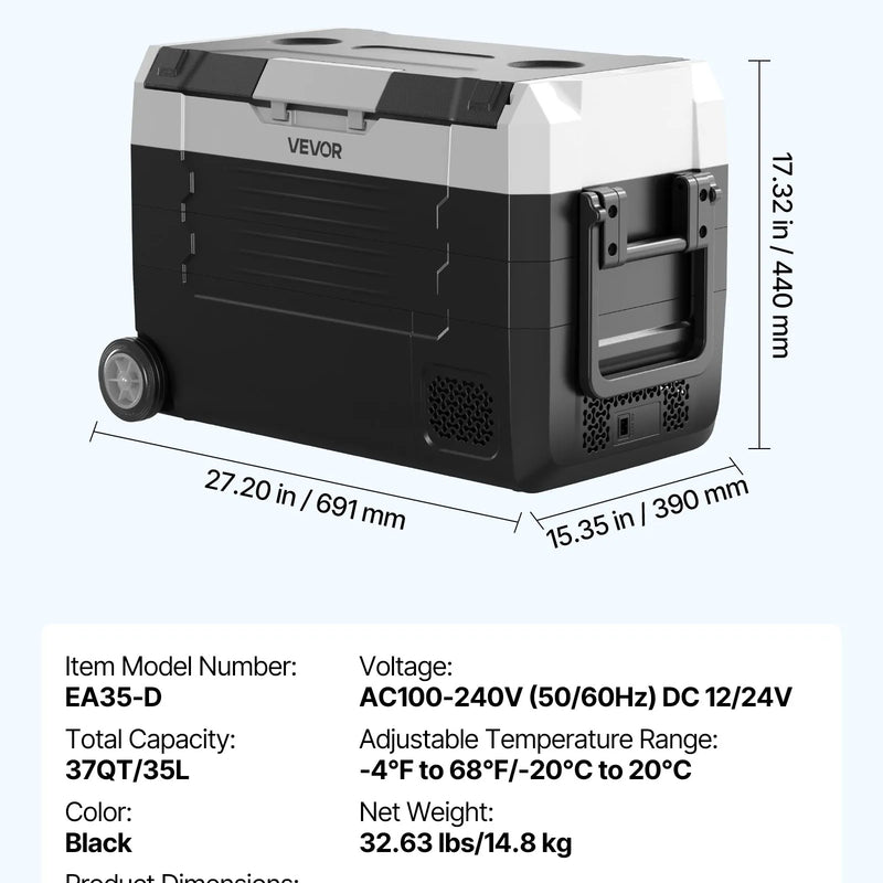 VEVOR auto ledusskapis ar kompresoru 35 l, - 20 °C līdz 20 °C, DC 12/24 V un AC 100–240 V, ar lietotnes vadību, riteņiem un divām dzesēšanas zonām, piemērots RV, laivām, kempingam un makšķerēšanai - ZEMLETES.LV