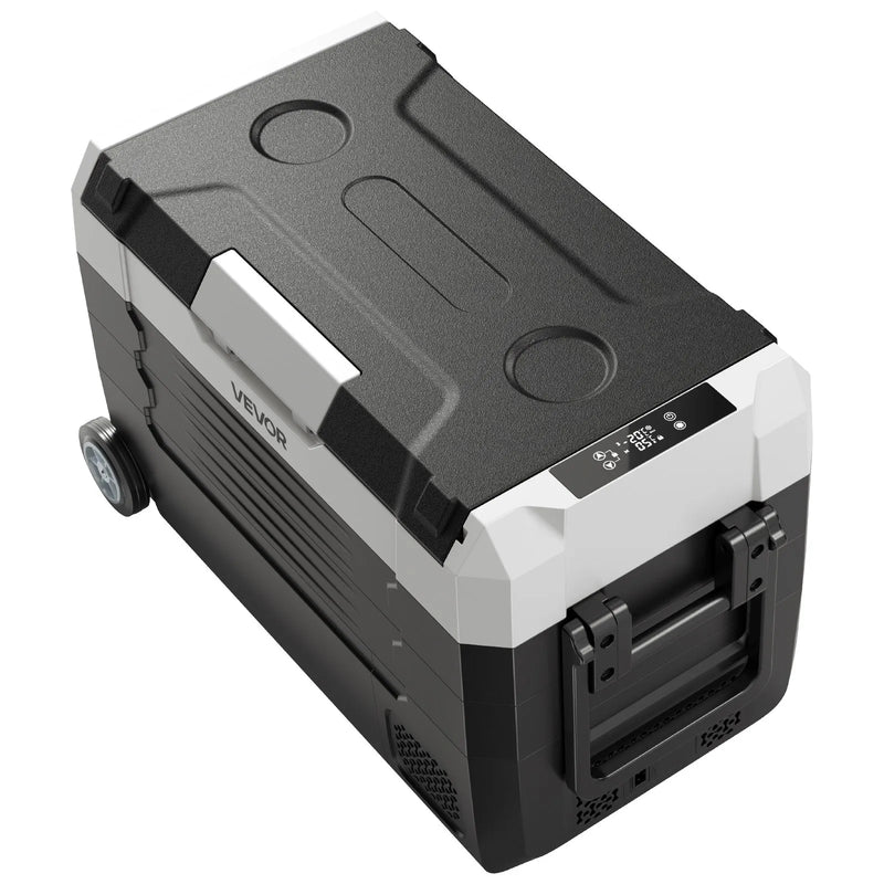 VEVOR auto ledusskapis ar kompresoru 35 l, - 20 °C līdz 20 °C, DC 12/24 V un AC 100–240 V, ar lietotnes vadību, riteņiem un divām dzesēšanas zonām, piemērots RV, laivām, kempingam un makšķerēšanai - ZEMLETES.LV