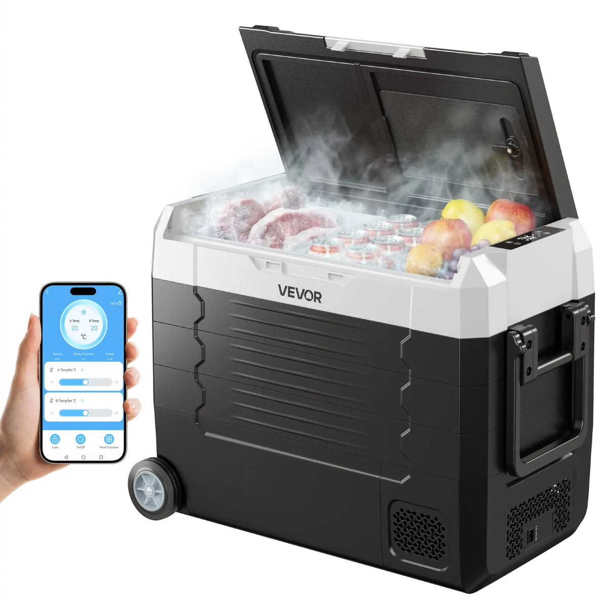 VEVOR auto ledusskapis 45 l ar kompresoru, DC 12/24 V un AC 100–240 V, temperatūra no - 20 °C līdz +20 °C, divu zonu dzesētājs ar lietotnes vadību un riteņiem, piemērots auto, RV, laivām, kempingam un makšķerēšanai - ZEMLETES.LV