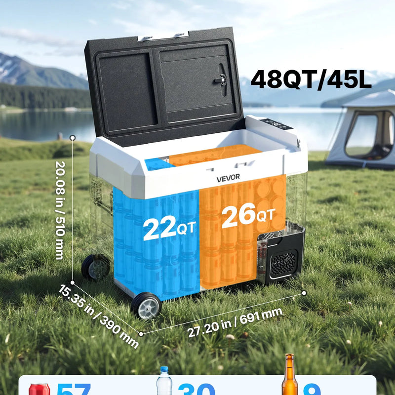 VEVOR auto ledusskapis 45 l ar kompresoru, DC 12/24 V un AC 100–240 V, temperatūra no - 20 °C līdz +20 °C, divu zonu dzesētājs ar lietotnes vadību un riteņiem, piemērots auto, RV, laivām, kempingam un makšķerēšanai - ZEMLETES.LV